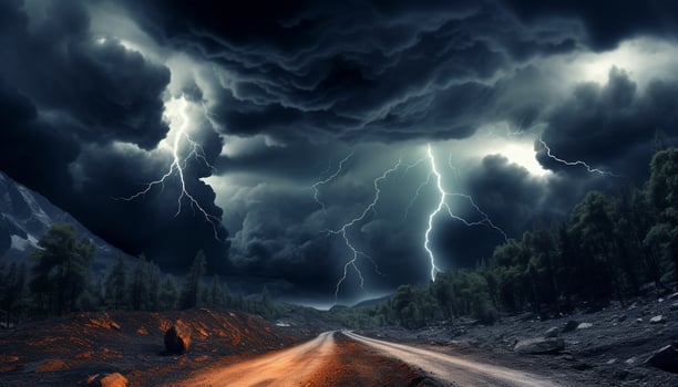 AI generated Bright blue sky, dark silhouette tree, vibrant lightning bolt generated by AI photo