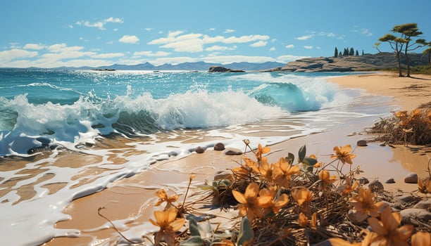 AI generated Tropical coastline, blue water, palm trees summer vacation paradise generated by AI photo