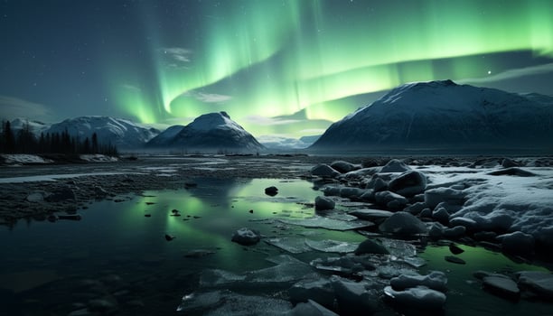 AI generated Majestic mountain peak reflects starry night in tranquil arctic landscape generated by AI photo