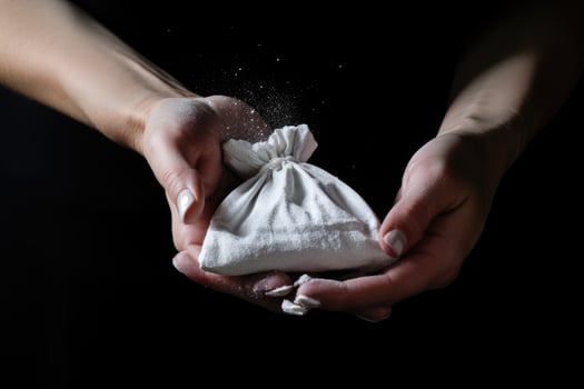 AI generated Woman's hands holding a handful of white flour on a black background, A female hand close-up holding a small bag with white powder for sale, AI Generated photo