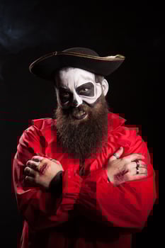Bearded man in pirate outfit wearing spooky makeup over black background for halloween. photo