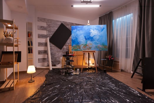 Abstract painting on wooden easel in artist studio. Modern artwork paint on canvas, creative, contemporary and successful fine art artist drawing masterpiece photo