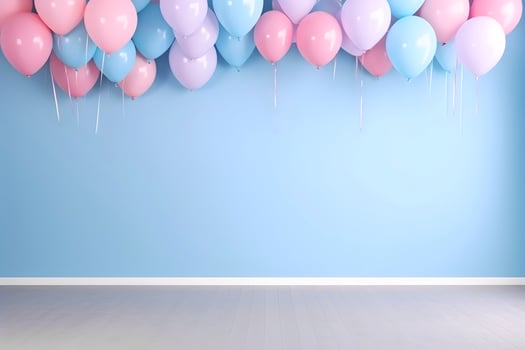 AI generated Balloons decoration for birthday celebrations. Blue and pink color. photo
