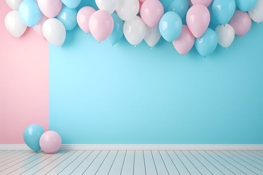 AI generated Balloons decoration for birthday celebrations. Blue and pink color. photo