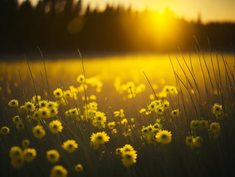 AI generated Abstract soft focus sunset field landscape of yellow flowers and grass meadow warm golden hour sunset sunrise time. Tranquil spring summer nature closeup and blurred forest background. photo
