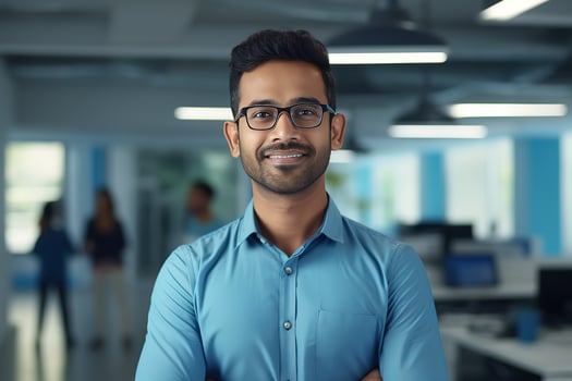 AI generated a young Indian male designer, engineer, architect who is wearing glasses and a blue shirt smiling standing in the office and looking at the camera photo