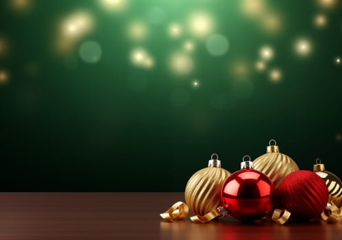 AI generated Christmas baubles on wooden table and green bokeh background photo