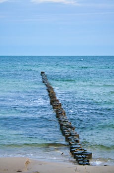 Groynes jut out into the Baltic Sea. Wooden trunks to protect the coast. Landscape photo