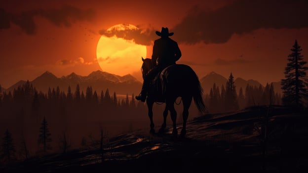 AI generated Silhouette of a cowboy with a hat on a horse at sunset photo
