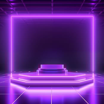AI generated Empty podium with square on square and neon line gradient on podium and purple light on background. photo