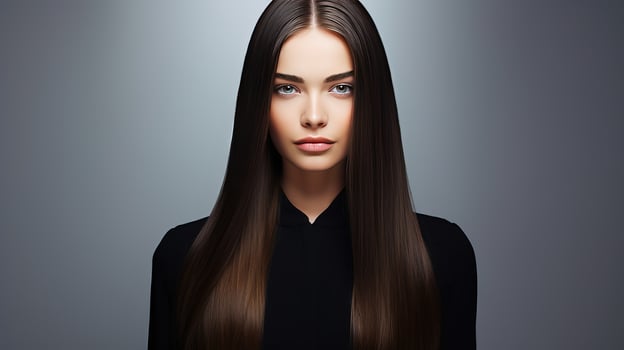 AI generated woman with beautiful long hair wearing black dress photo