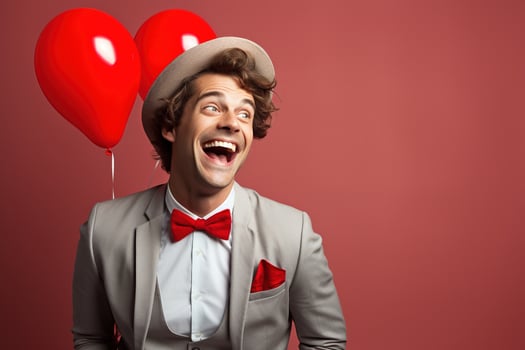 AI generated Portrait of a happy man with a red heart on Valentine's day concept. photo
