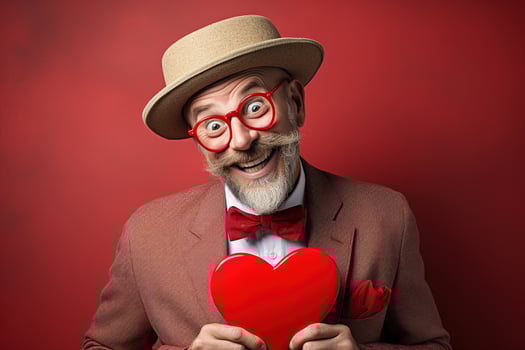 AI generated Portrait of a happy man with a red heart on Valentine's day concept. photo