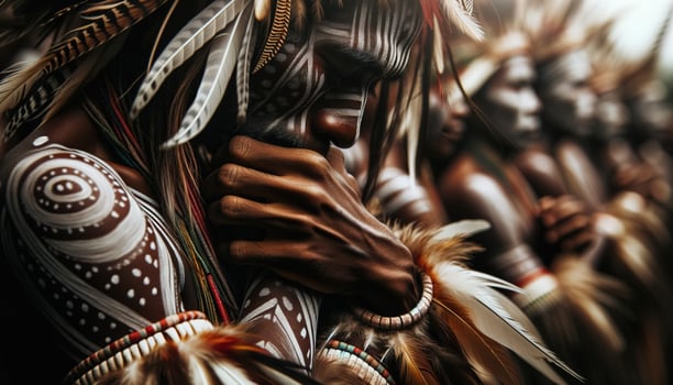 AI generated A man with tribal paint on his face, showcasing intricate patterns and symbols, in a close-up shot. Generative AI photo