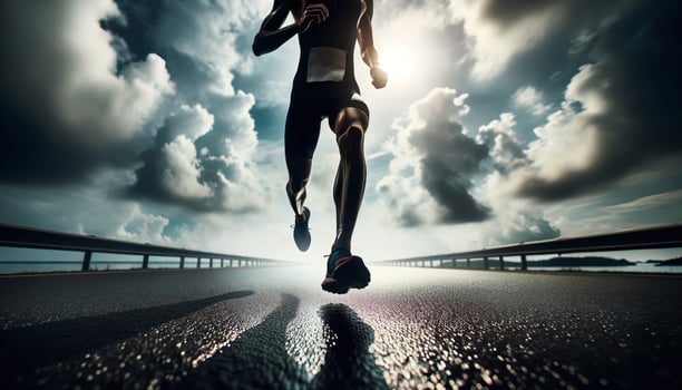 AI generated A cloud-filled sky with a road and a lone athlete running. Generative AI photo