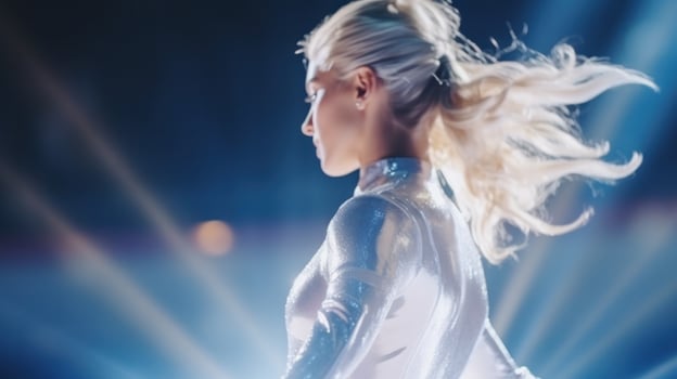 AI generated Female gymnast wearing a silver outfit showing off her skills on stage Generative AI photo