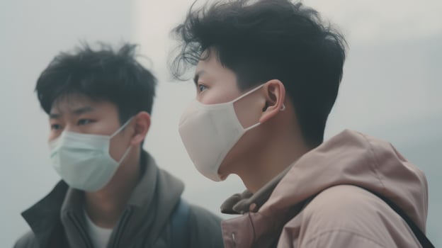 AI generated Two young people wearing face masks in the city implement safety measures during the epidemic. Generative AI photo