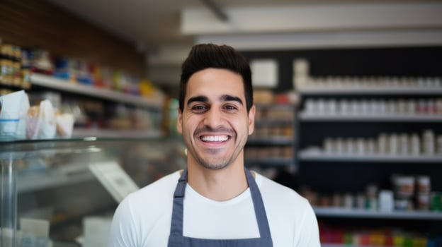 AI generated Employee wearing an apron smiles at arriving customers while standing in the store. Generative AI photo