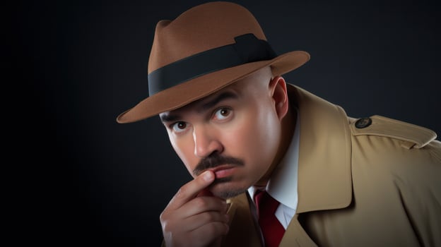 AI generated A detective in an orange coat holding a magnifying glass, investigating a crime scene. Generative AI photo