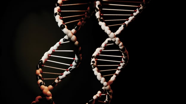 AI generated Two strands of DNA illuminated in a dimly lit room. Generative AI photo