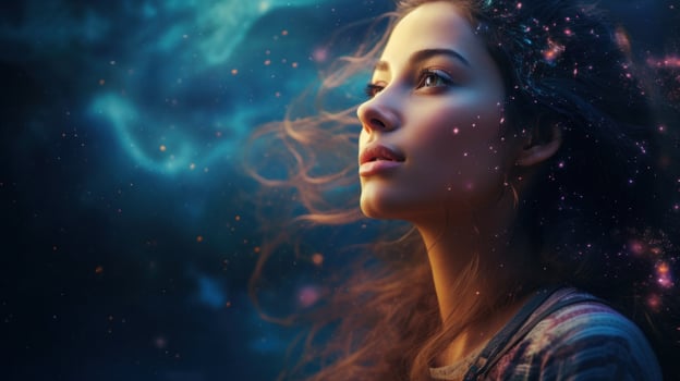 AI generated A woman looking at the stars above. Generative AI photo