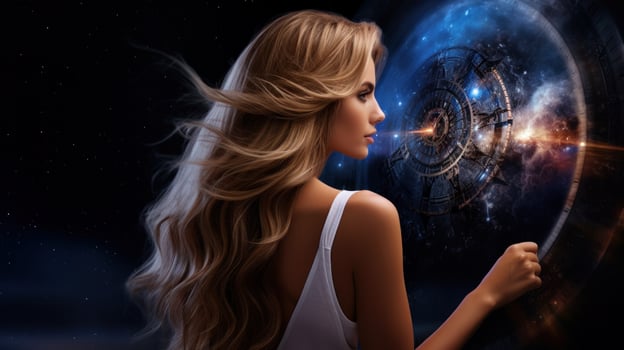 AI generated A woman gazes at a clock with a starry background, captivated by the passing time and the celestial beauty. Generative AI photo