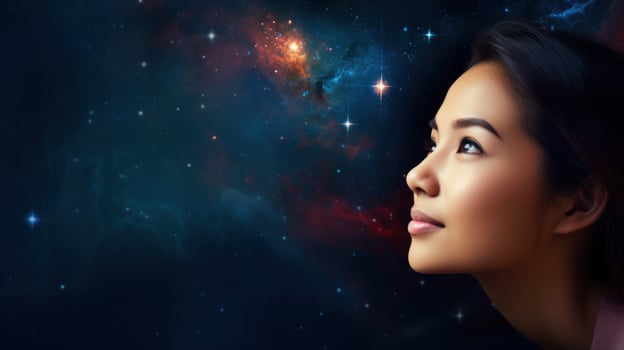 AI generated Woman stargazing at night. Generative AI photo