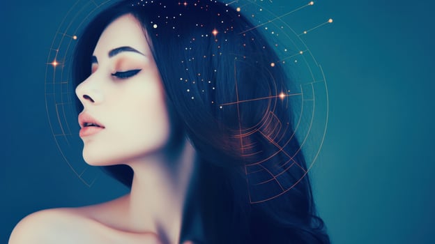 AI generated A woman peacefully resting with closed eyes, surrounded by twinkling stars in the night sky. Generative AI photo