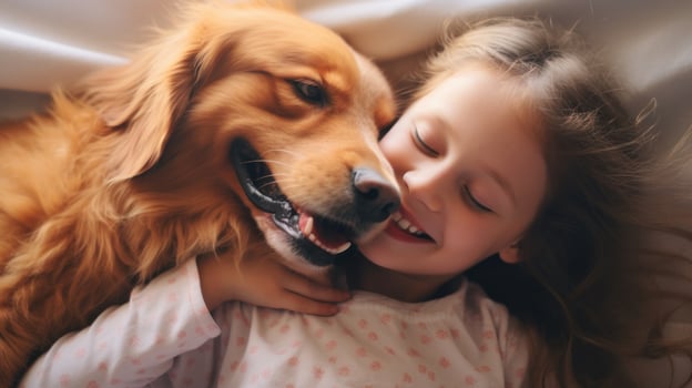 AI generated A little girl and her golden retriever lying on a bed. Generative AI photo