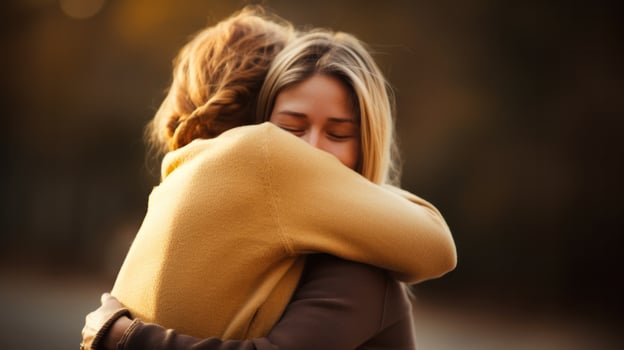 AI generated Two women hugging each other warmly express their love and friendship. Generative AI photo