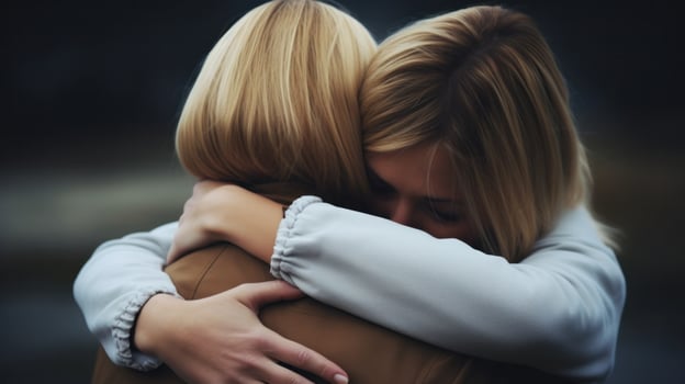 AI generated Two women hugging each other warmly express their love and friendship. Generative AI photo