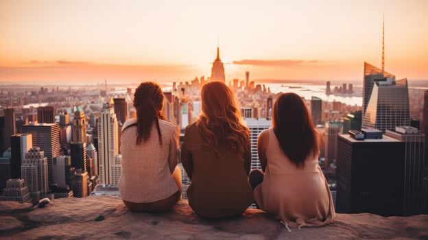 AI generated Three women enjoying the view of the city from a hilltop. Generative AI photo