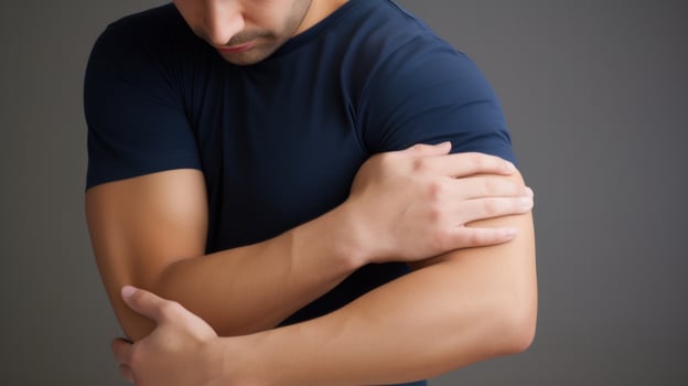 AI generated A man grimacing in pain as he holds his arm, indicating discomfort or injury. Generative AI photo