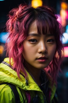 AI generated Young woman with colorful hair in neon lights photo
