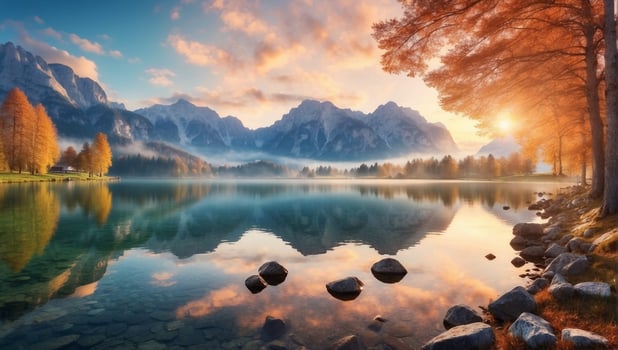 AI generated Autumn Morning Landscape and Reflective Lake Reflecting the Beauty of Nature photo