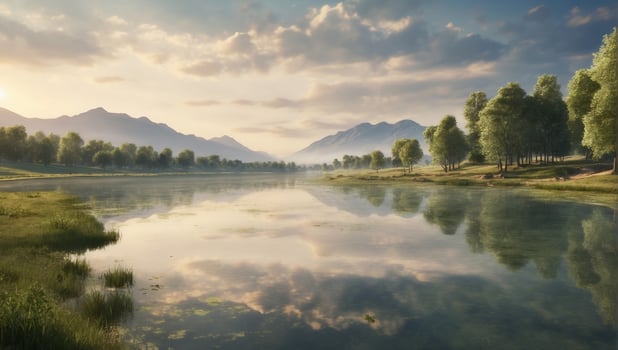 AI generated Peaceful dawn landscape with reflection on lake, trees, and sky photo