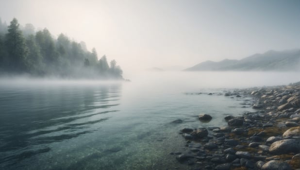 AI generated Misty morning landscape with Peaceful sea and cloudy sky photo