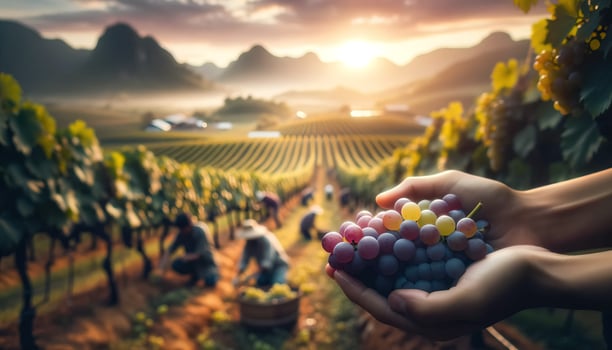 AI generated Workers harvesting grapes in a vineyard. Generative AI photo
