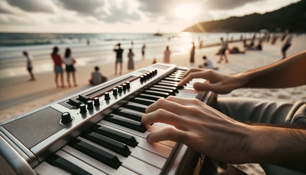AI generated Musician playing melodica on the beach. Generative AI photo