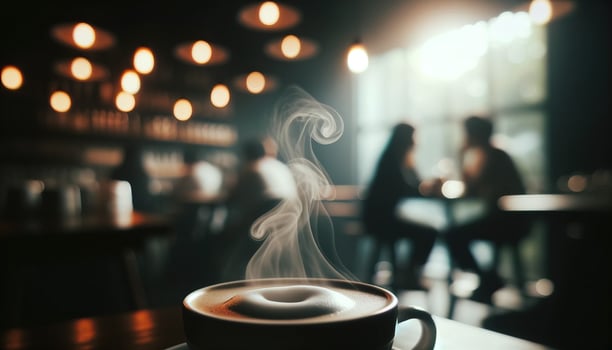 AI generated Blurred figures of cafe customers in the background with a hot cup of coffee on the table. Generative AI photo