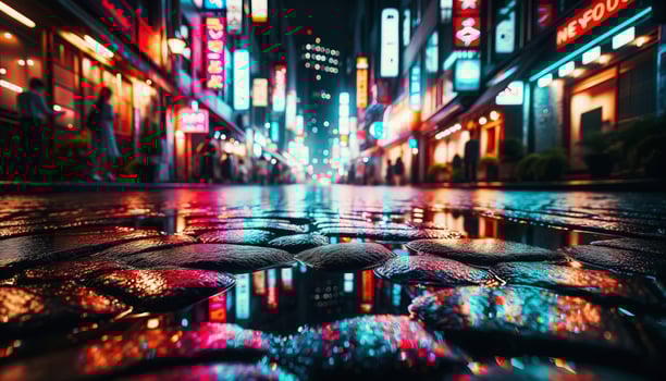 AI generated Close-up view of wet cobblestone streets sparkling under city lights. Generative AI photo