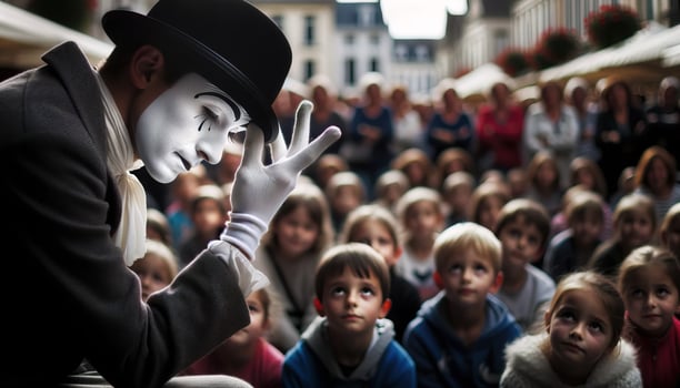 AI generated A pantomime in the middle of a fascinating performance in a crowded town square. Generative AI photo