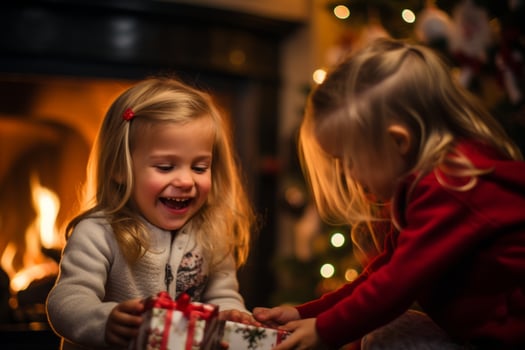 AI generated A children excitedly opening gifts on Saint Nicholas Day, traditional European living room setting, stockings hung by the fireplace, capturing the joy and anticipation photo