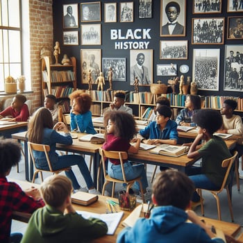 AI generated An educational setting with diverse students of various descents learning about Black history photo