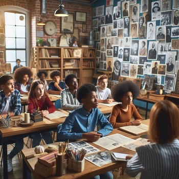 AI generated An educational setting with diverse students of various descents learning about Black history photo