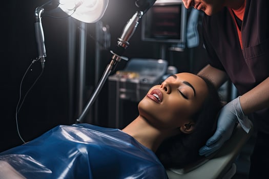 AI generated selective focus of young african american woman lying on dental chair in clinic, Woman in cabinet with eyes closed during procedure made by dentist and assistant, AI Generated photo