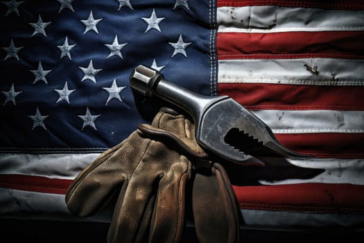 AI generated Wrench and gloves on the US flag background. Toned, Worn work glove holding old wrench and US American flag, AI Generated photo
