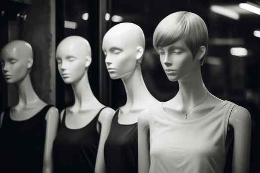 AI Generated Shopping style women dummy boutique mannequin retail person female store white dress photo