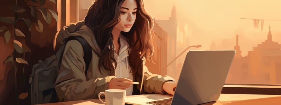 AI Generated Professional young sitting working computer internet office caucasian coffee beauty photo