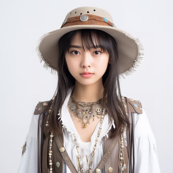 AI generated A portrait of japanese girl wearing vintage floral print maxi dress, Generative AI. photo